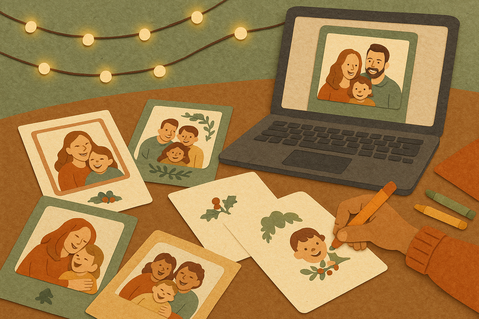 A family table covered with personalized holiday photo cards