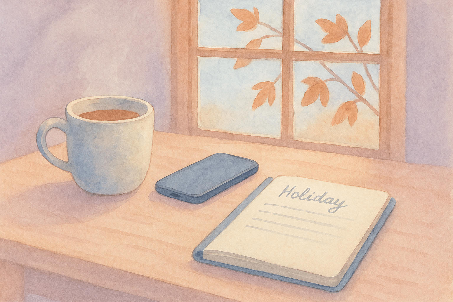 A phone resting face down next to a mug of tea and a holiday planning notebook on a kitchen table