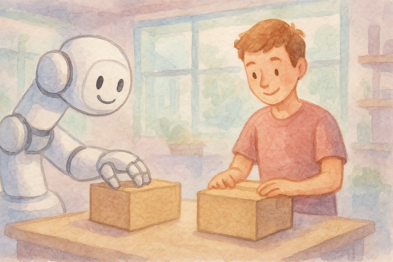 A friendly robot arm and a smiling worker packing boxes together at one table