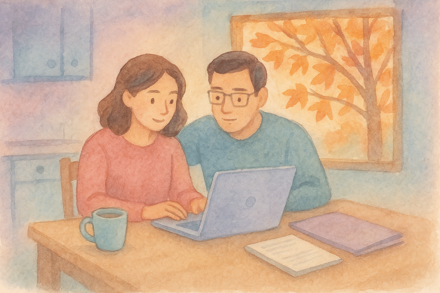 A couple reviewing family benefits paperwork and a laptop together at a kitchen table on a fall evening