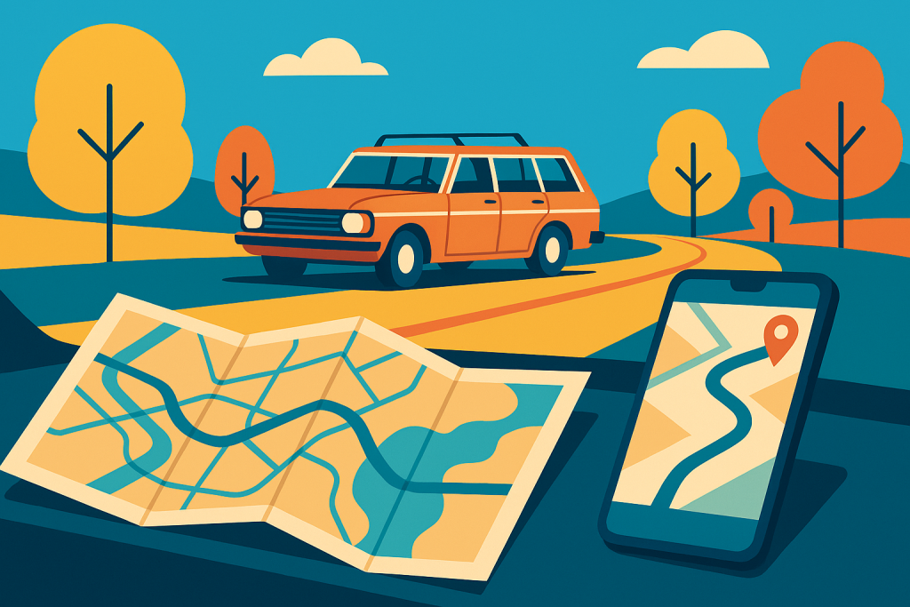 A paper road map and a smartphone on the dashboard of a family car on a country road