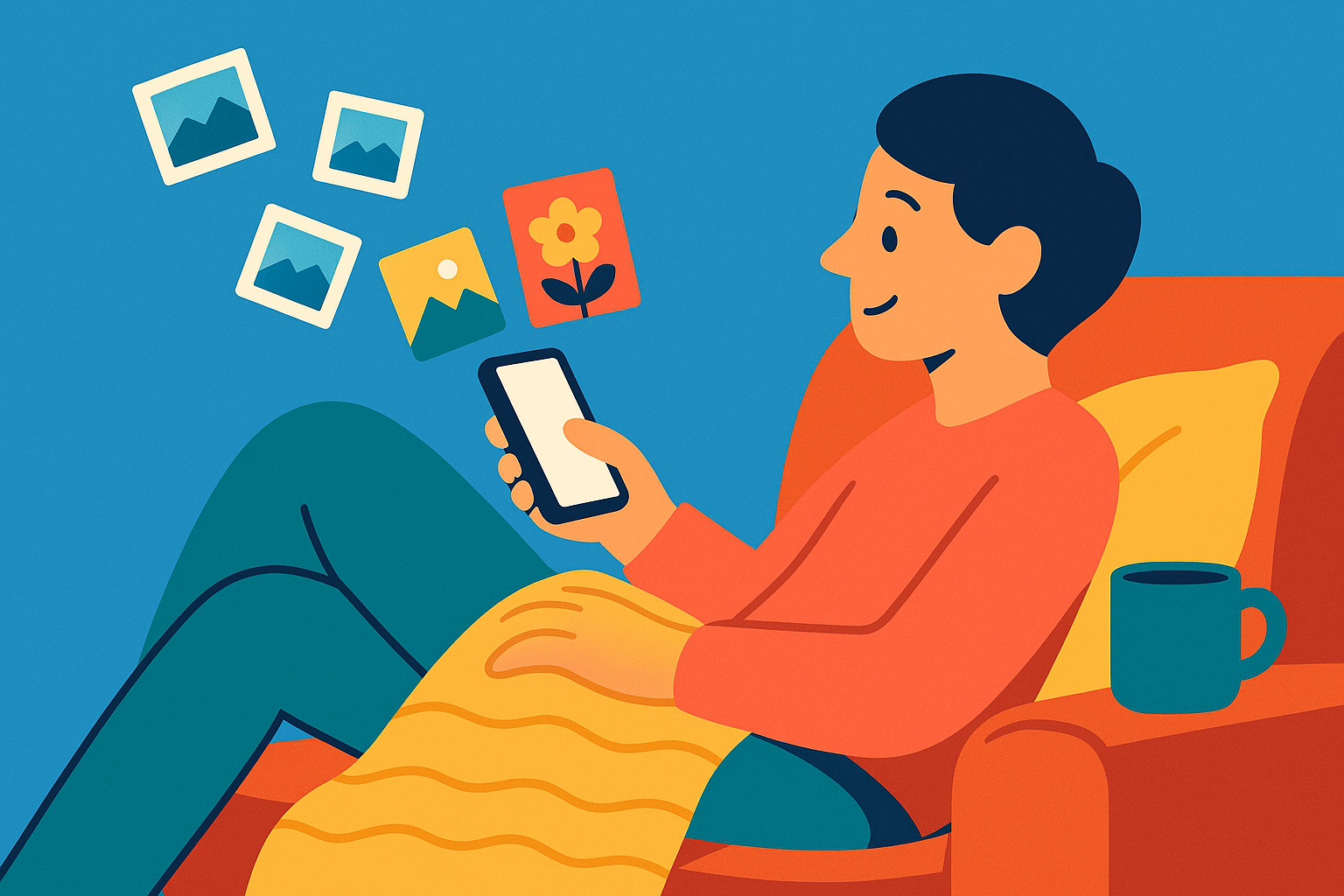 A person on a couch sorting family photos on a smartphone