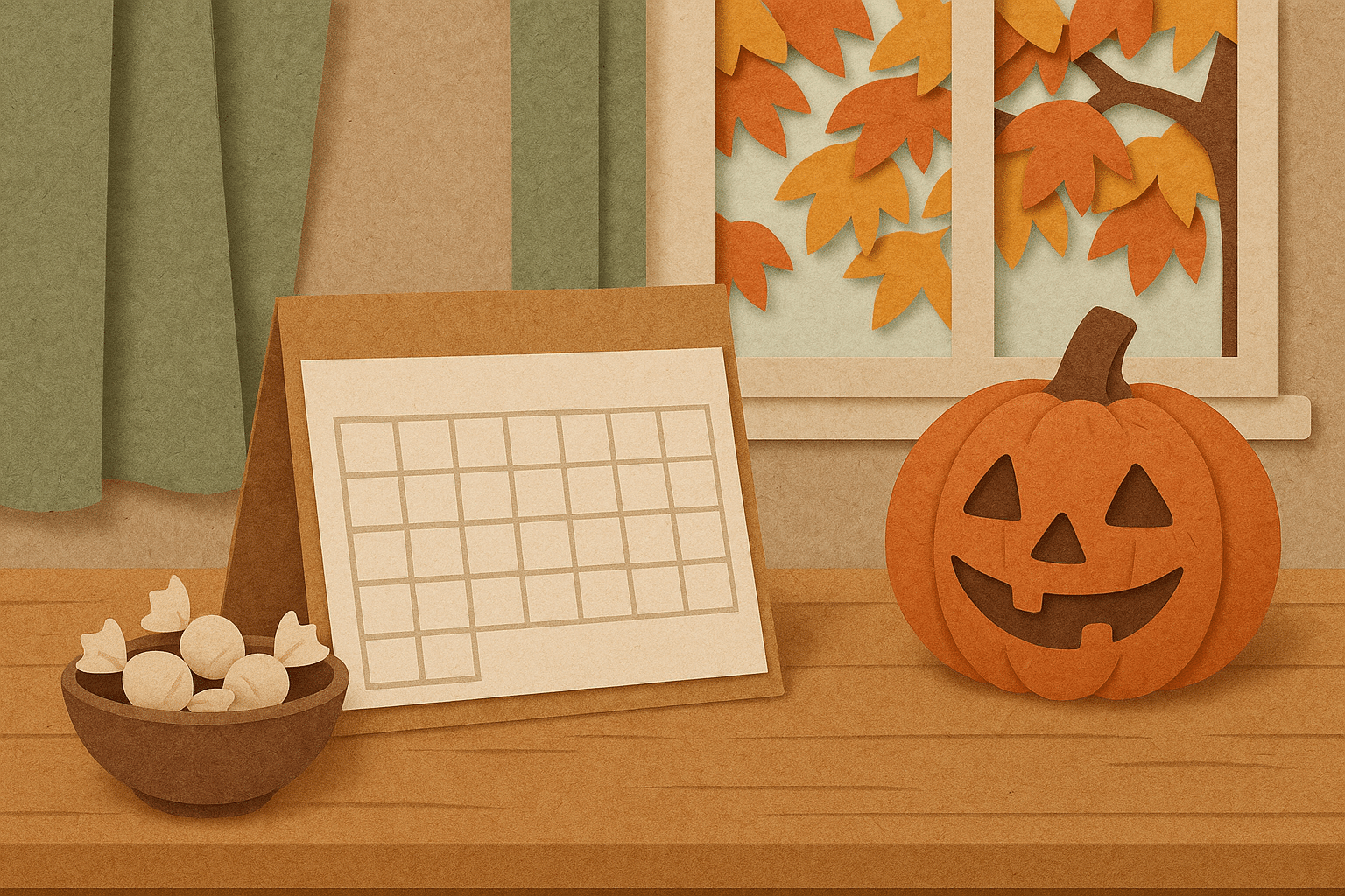 Paper-cut illustration of a kitchen table with a blank desk calendar, a bowl of wrapped candy and a carved pumpkin beside a window full of autumn leaves