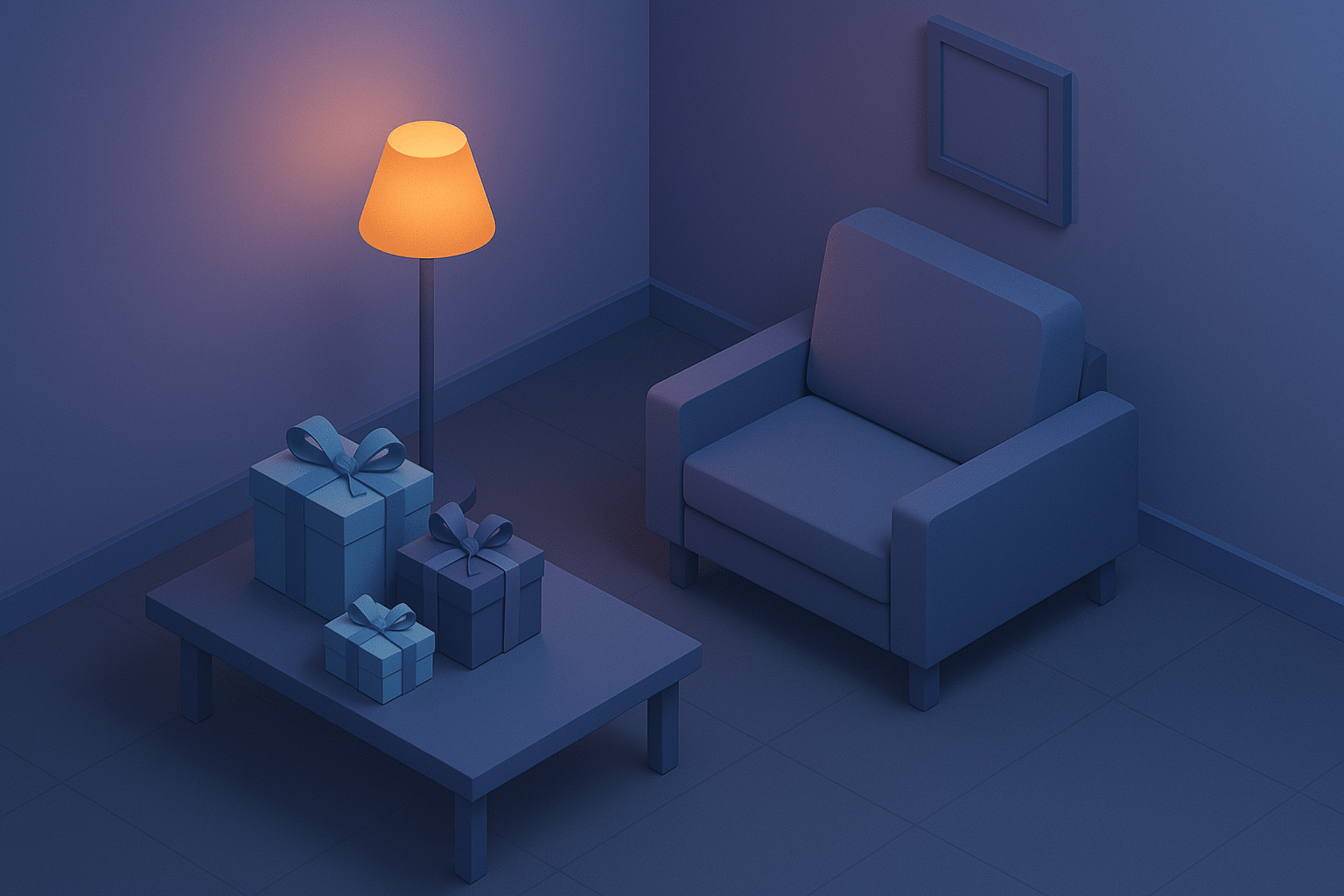 Isometric living room with a few wrapped gifts on a table and open floor space