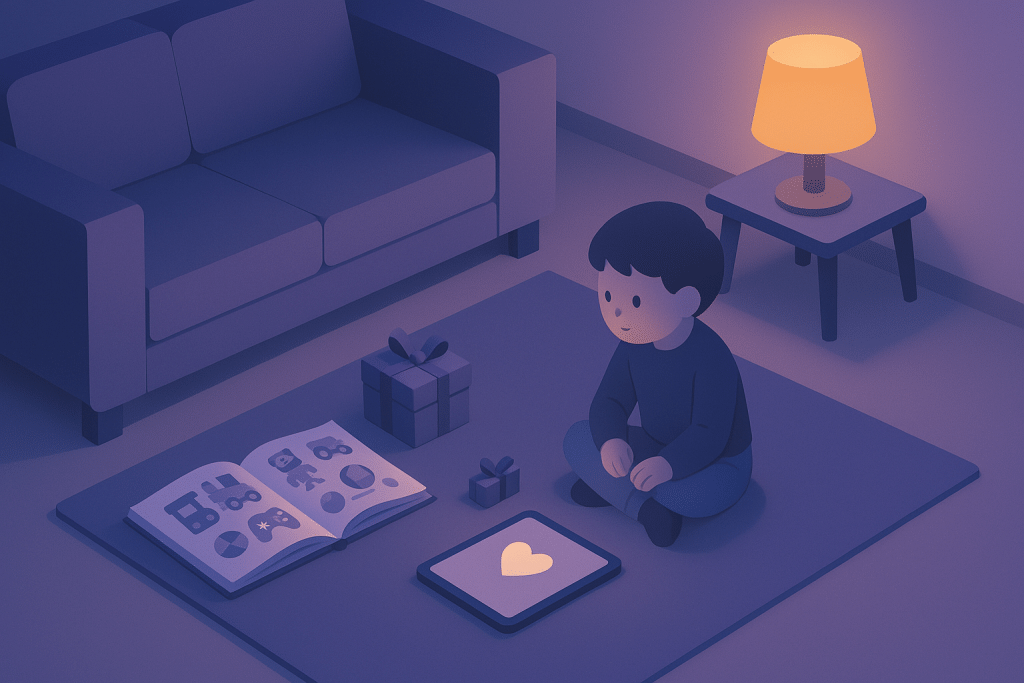 Isometric scene of a child between an open paper catalog and a tablet, with a wrapped gift