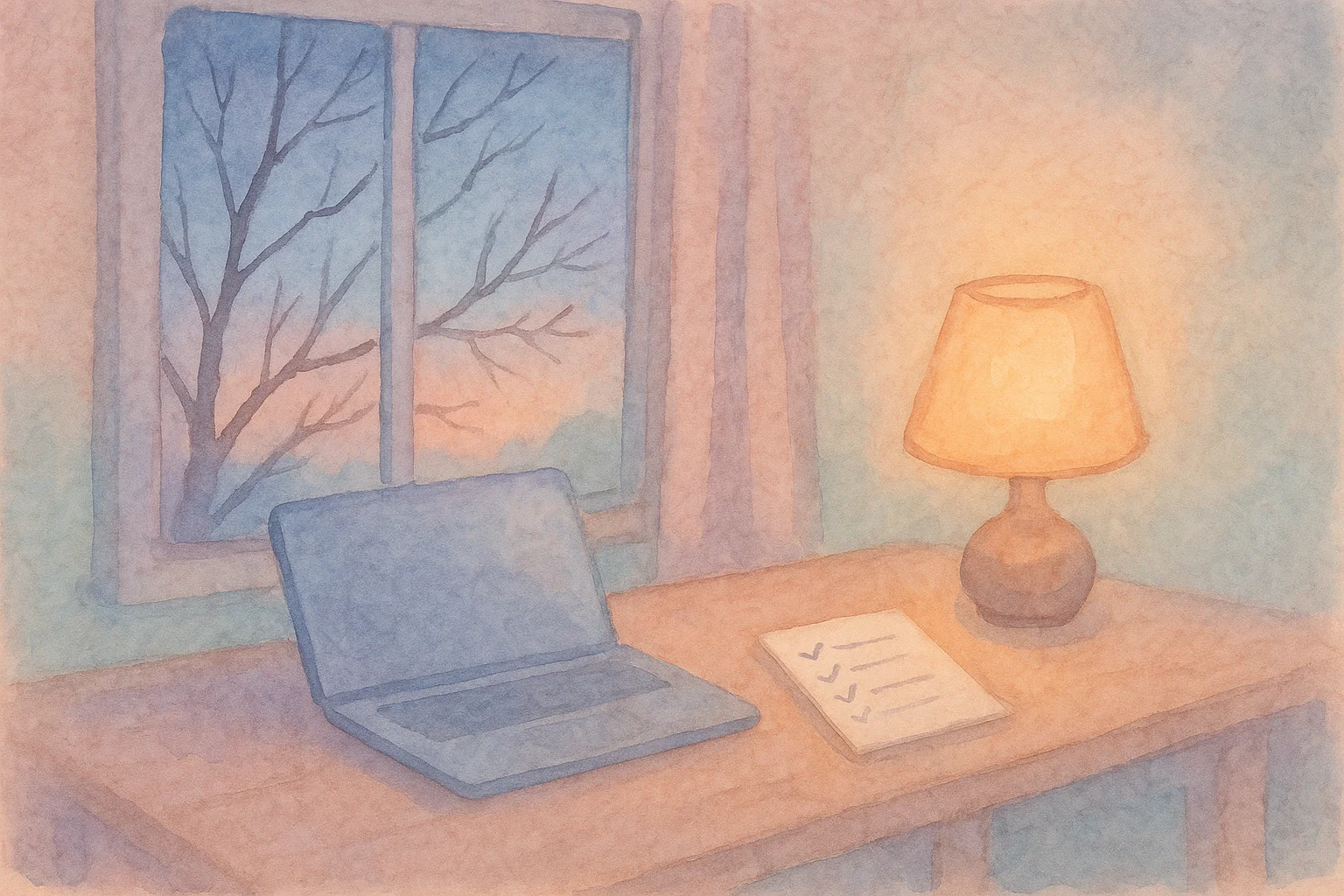 A laptop and a handwritten checklist on a home desk beside a warm lamp at dusk